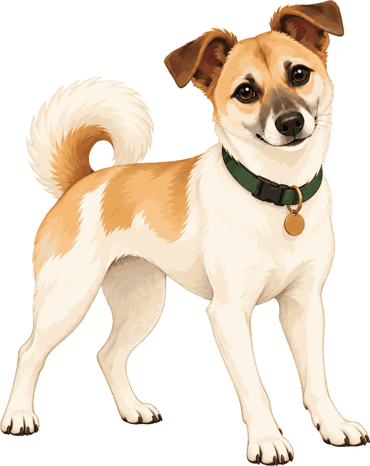 Our founder's tan and cream dog, with a curled tail and green collar