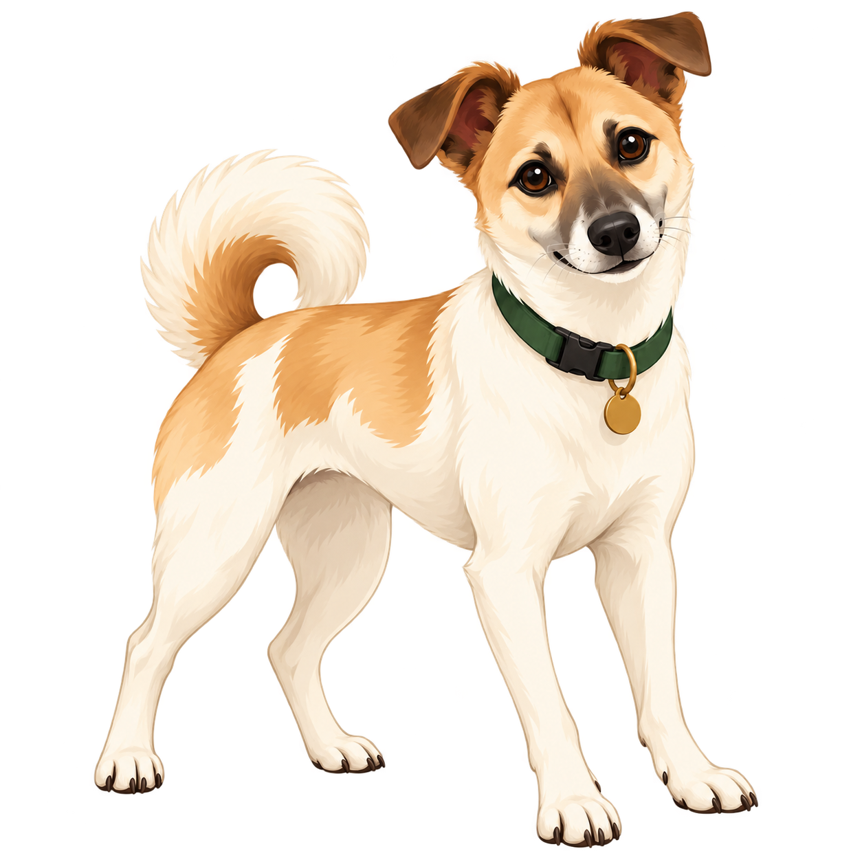 Our founder’s tan and cream dog, with a curled tail and green collar